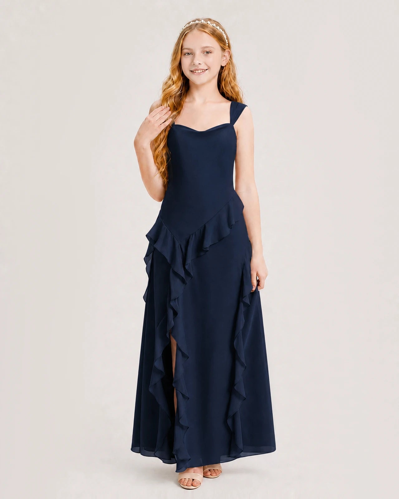Dideyttawl Chiffon Junior Bridesmaid Dress with Cascading Ruffles