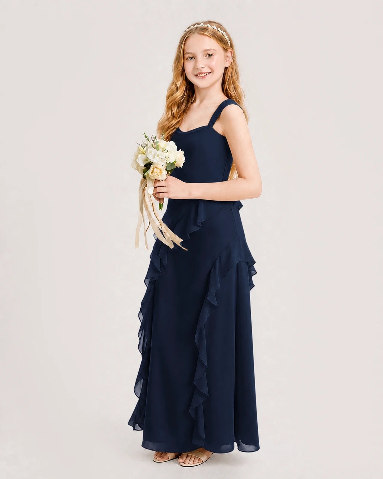 Navy Blue Chiffon A-line Junior Bridesmaid Dress Side View
