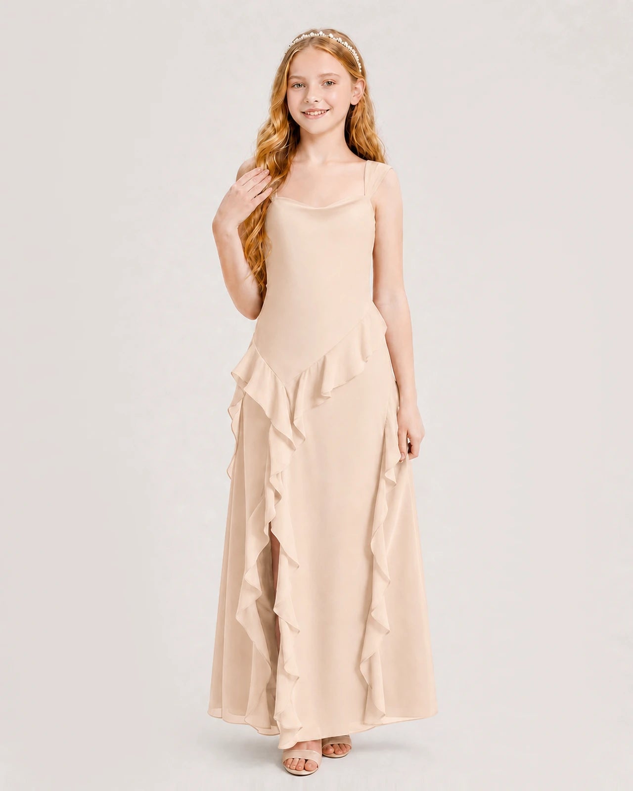 Dideyttawl Chiffon Junior Bridesmaid Dress with Cascading Ruffles