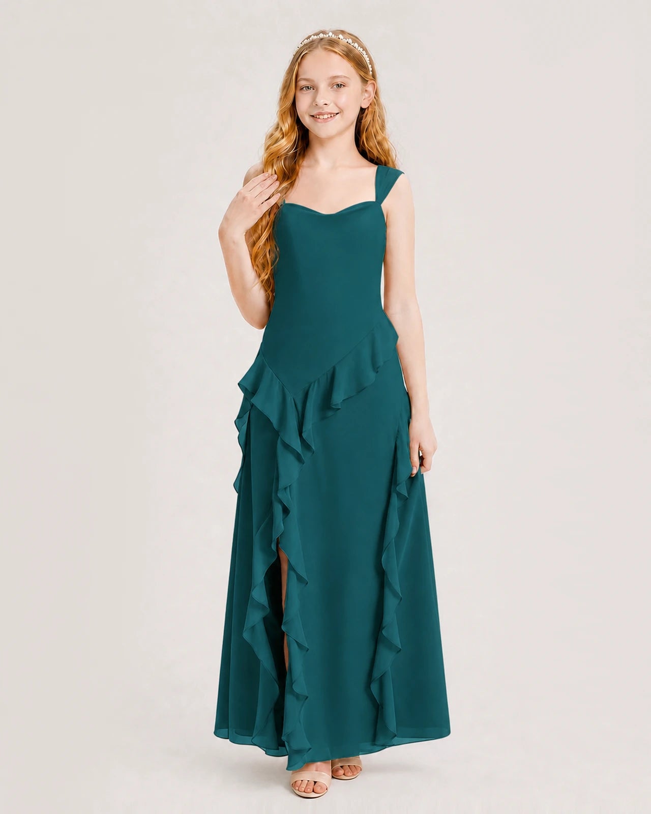 Dideyttawl Chiffon Junior Bridesmaid Dress with Cascading Ruffles
