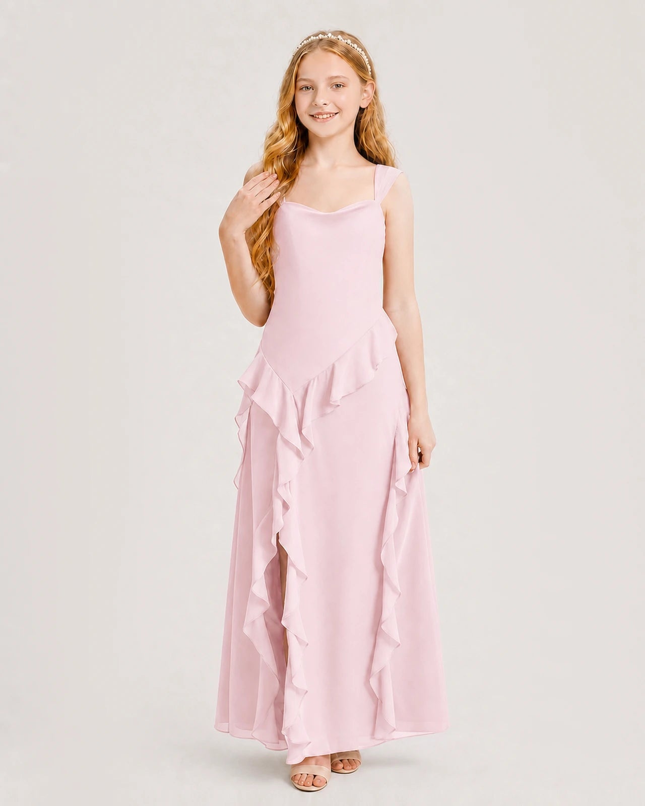 Dideyttawl Chiffon Junior Bridesmaid Dress with Cascading Ruffles
