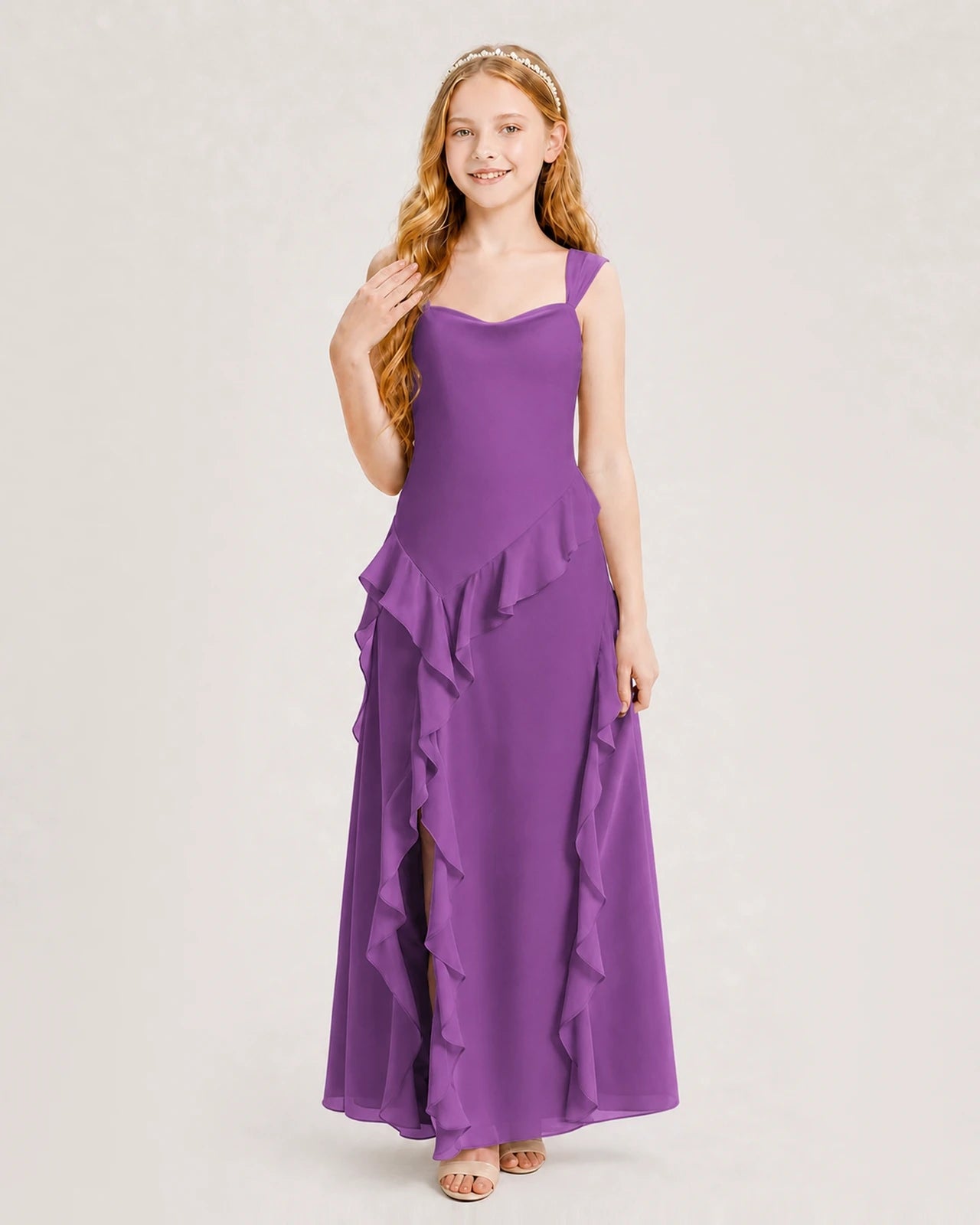 Dideyttawl Chiffon Junior Bridesmaid Dress with Cascading Ruffles