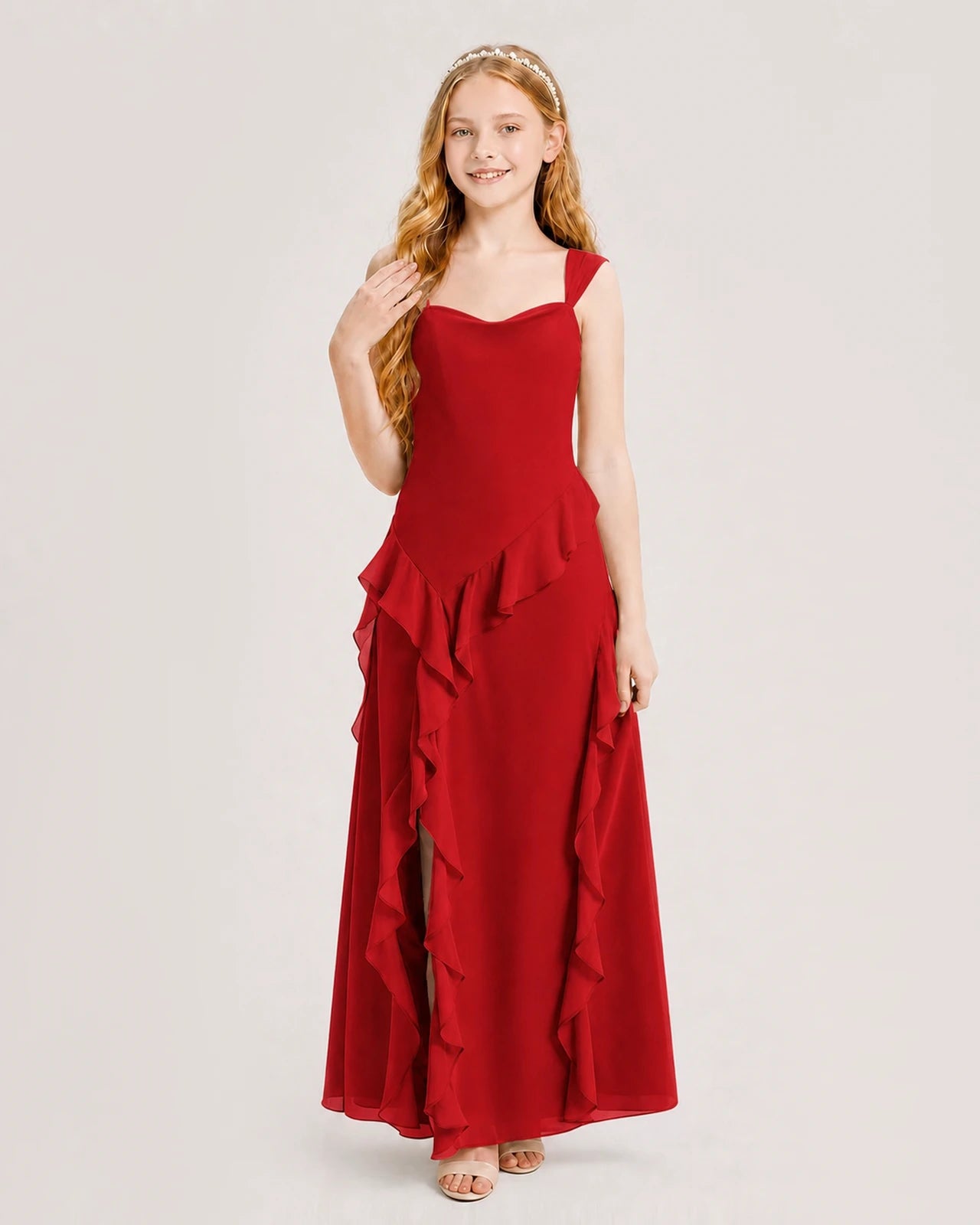 Dideyttawl Chiffon Junior Bridesmaid Dress with Cascading Ruffles