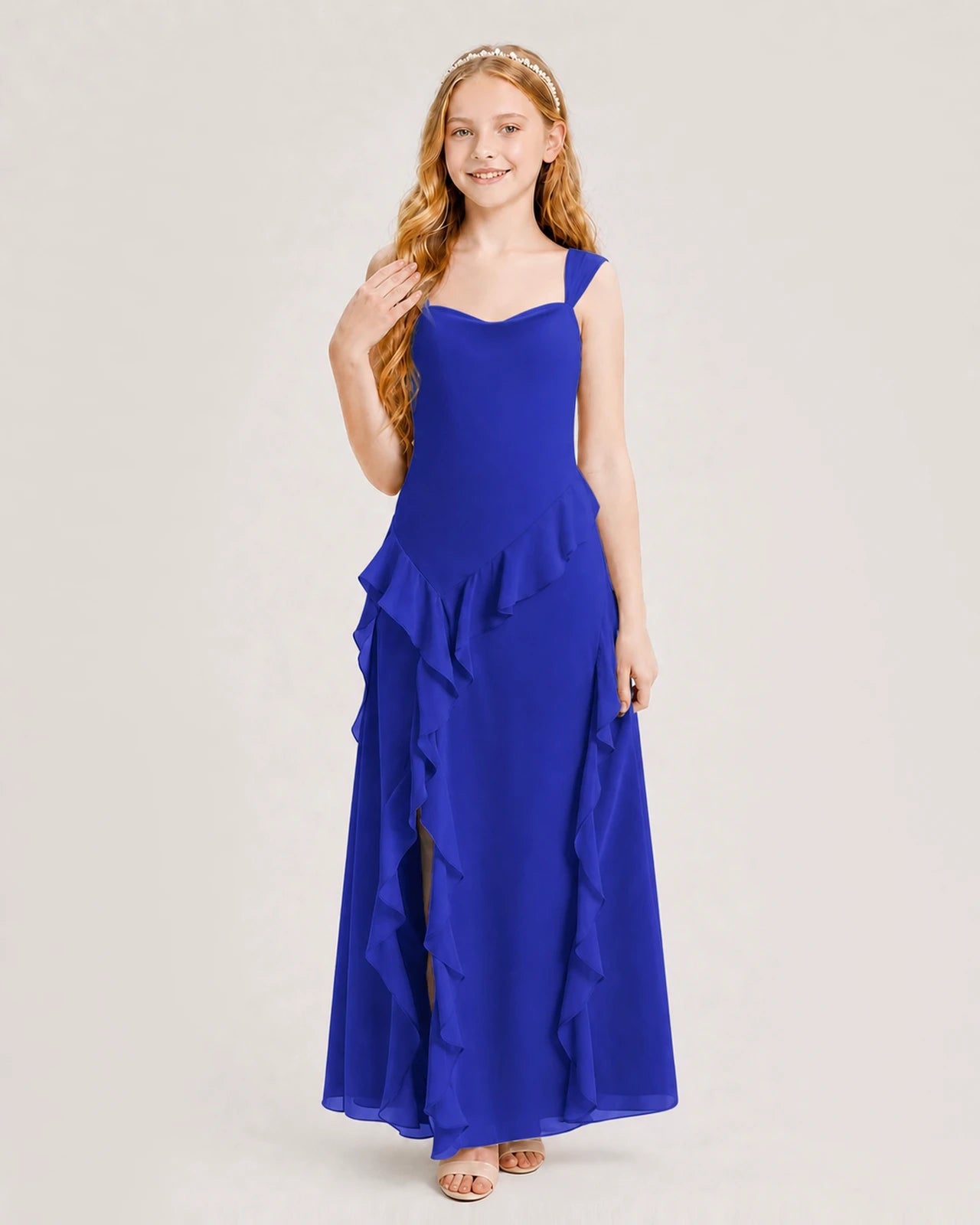 Dideyttawl Chiffon Junior Bridesmaid Dress with Cascading Ruffles