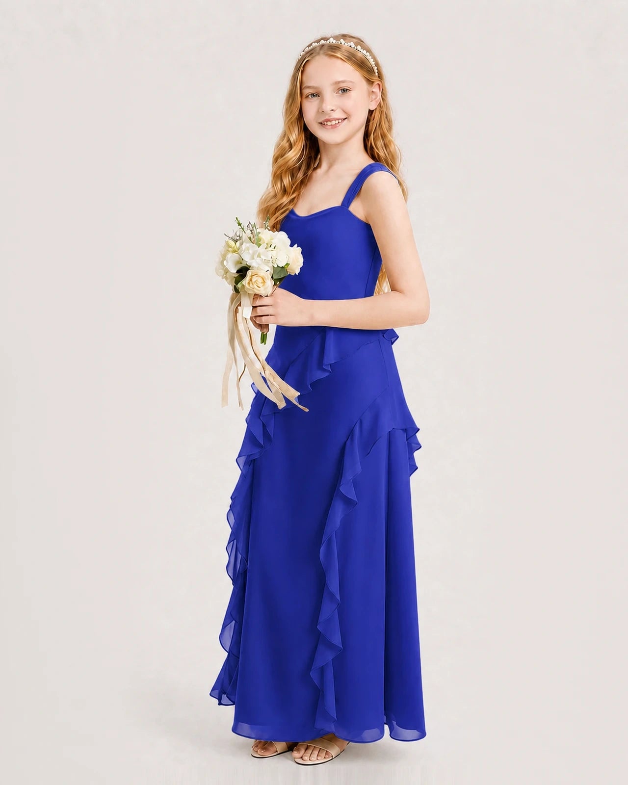 Dideyttawl Chiffon Junior Bridesmaid Dress with Cascading Ruffles