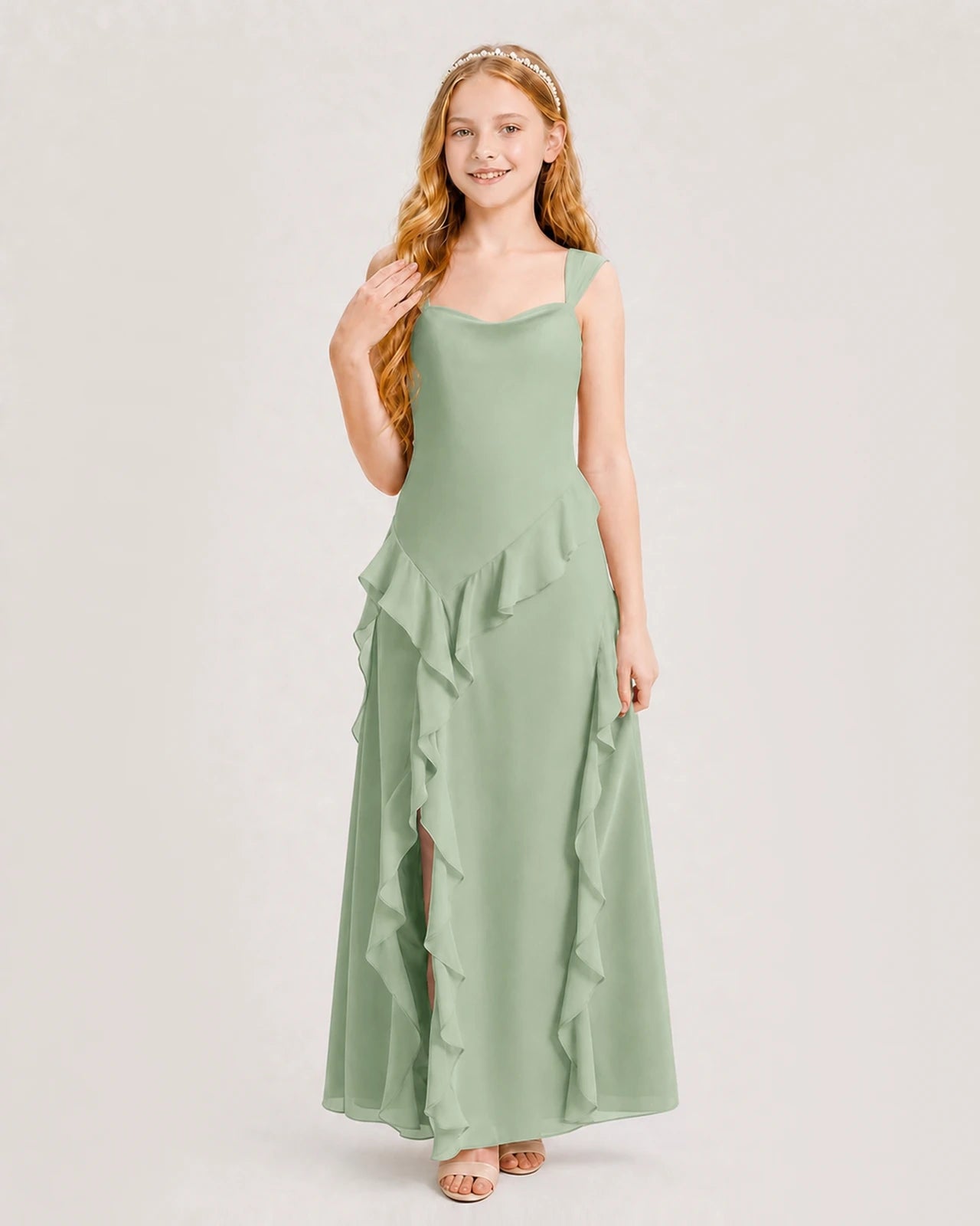 Dideyttawl Chiffon Junior Bridesmaid Dress with Cascading Ruffles