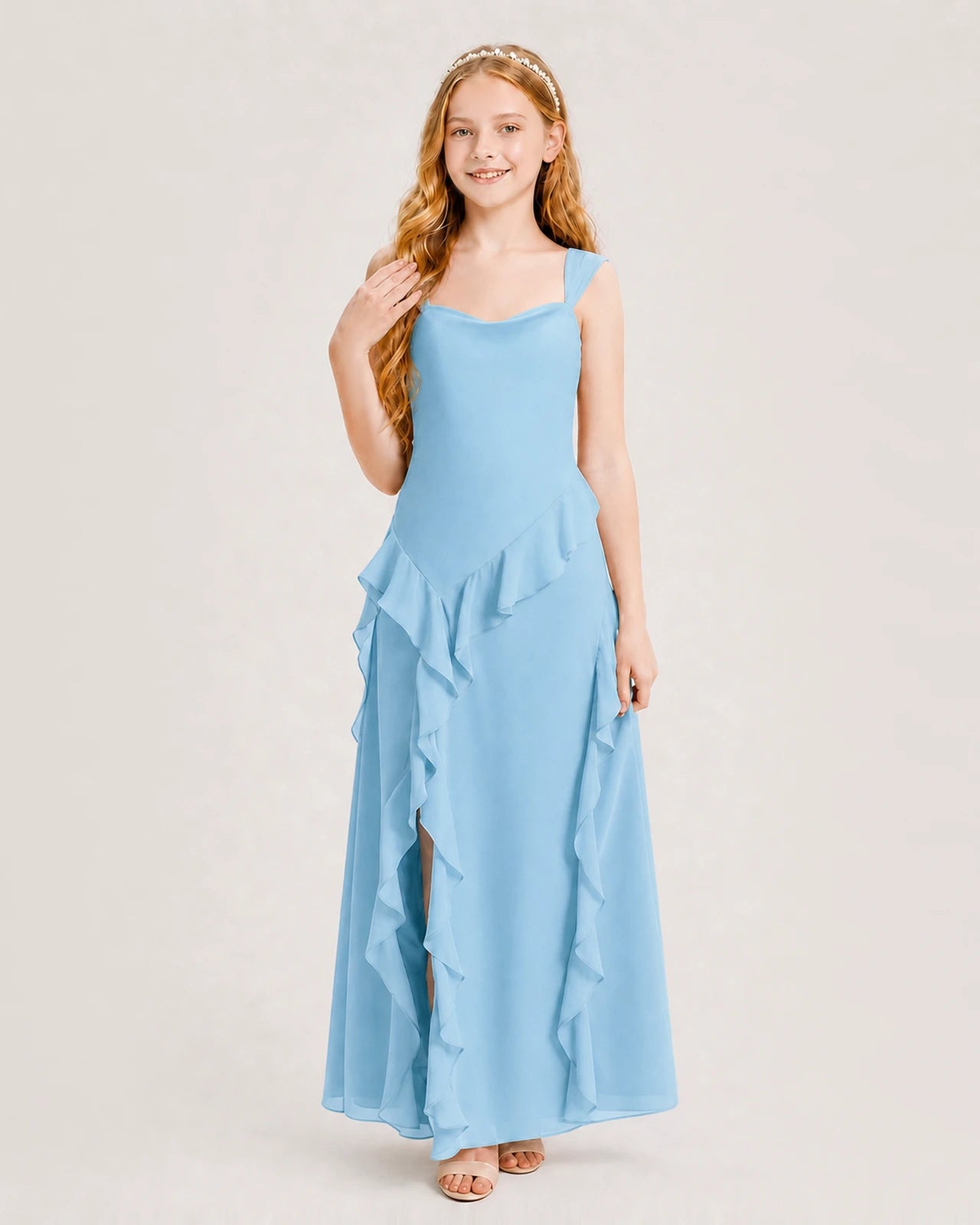Dideyttawl Chiffon Junior Bridesmaid Dress with Cascading Ruffles
