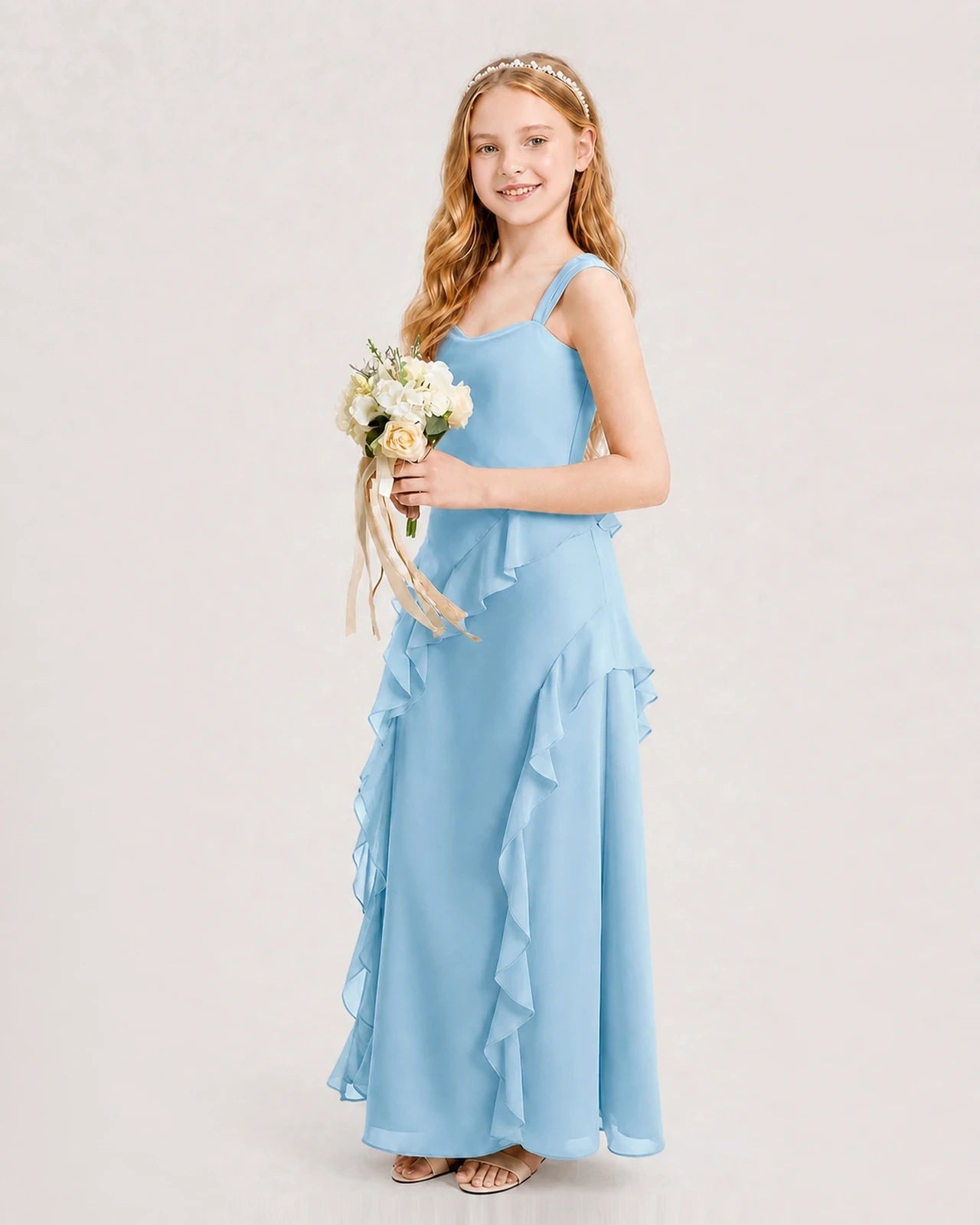 Dideyttawl Chiffon Junior Bridesmaid Dress with Cascading Ruffles