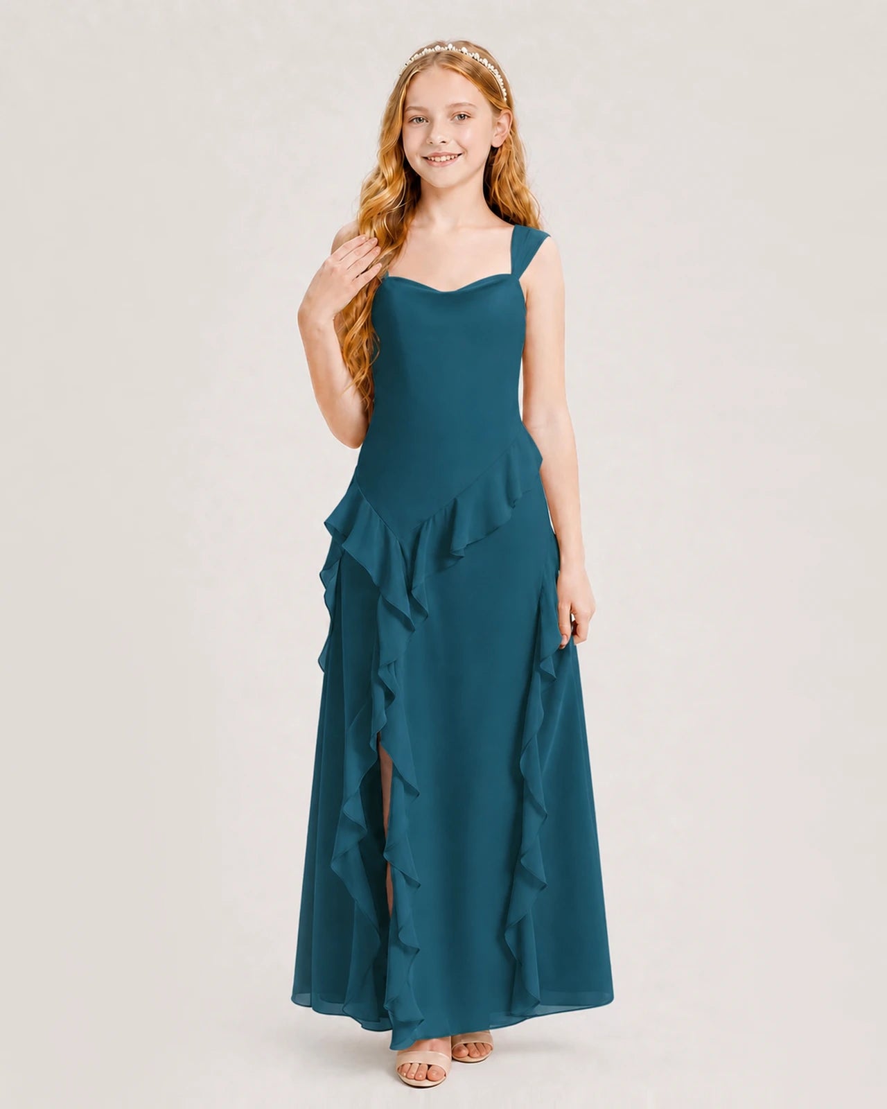 Dideyttawl Chiffon Junior Bridesmaid Dress with Cascading Ruffles