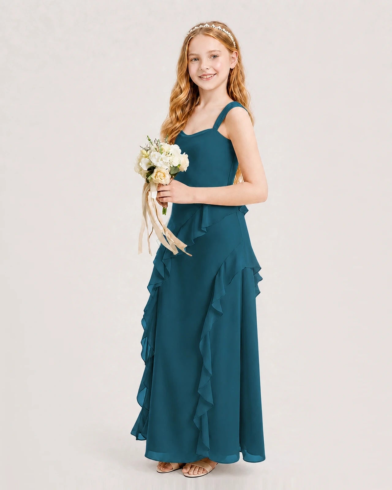 Dideyttawl Chiffon Junior Bridesmaid Dress with Cascading Ruffles