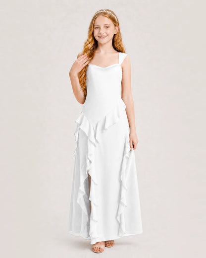 White Chiffon A-line Junior Bridesmaid Dress Front View