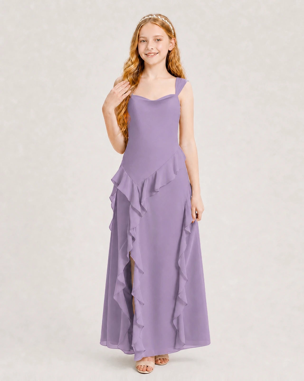 Dideyttawl Chiffon Junior Bridesmaid Dress with Cascading Ruffles