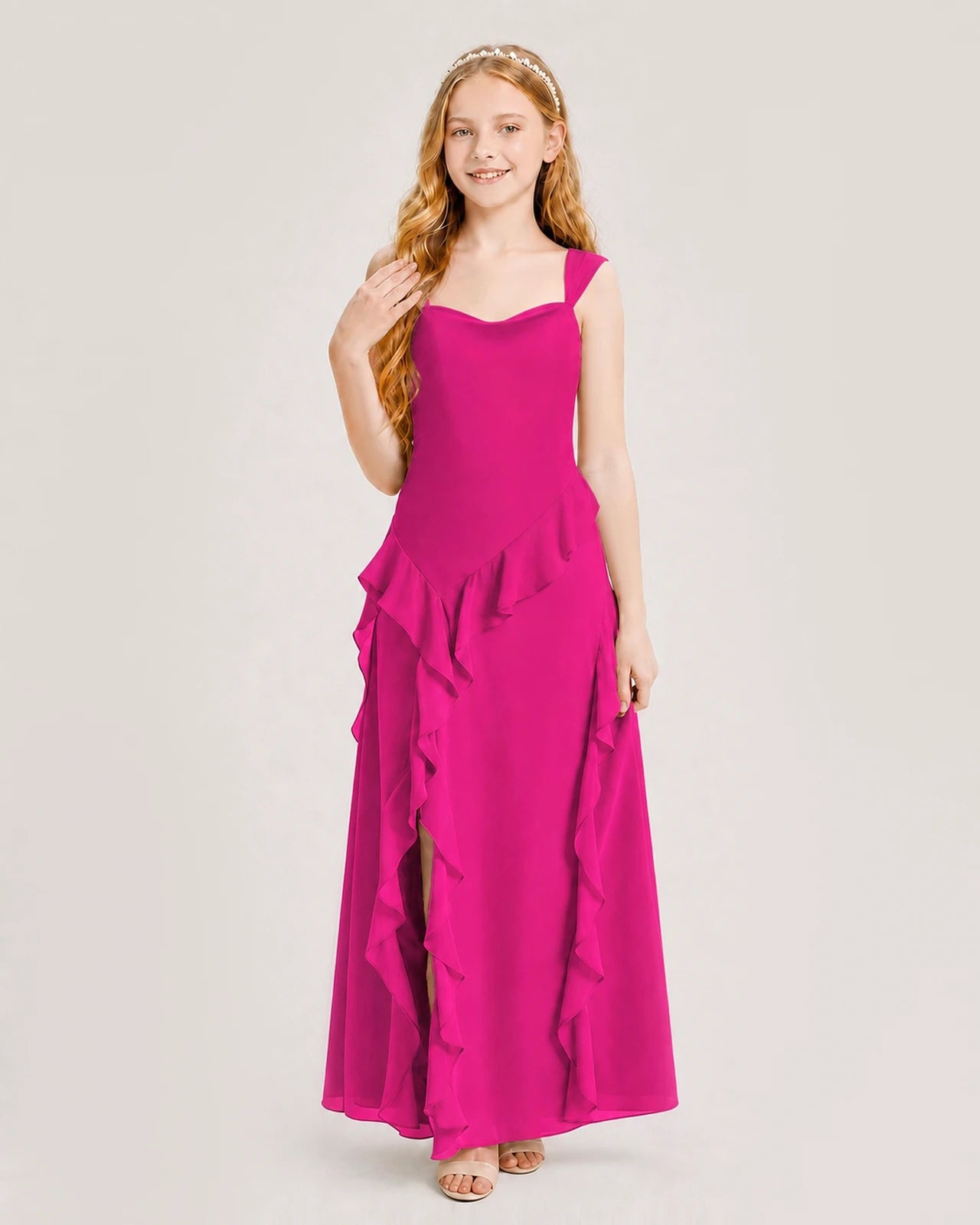 Dideyttawl Chiffon Junior Bridesmaid Dress with Cascading Ruffles