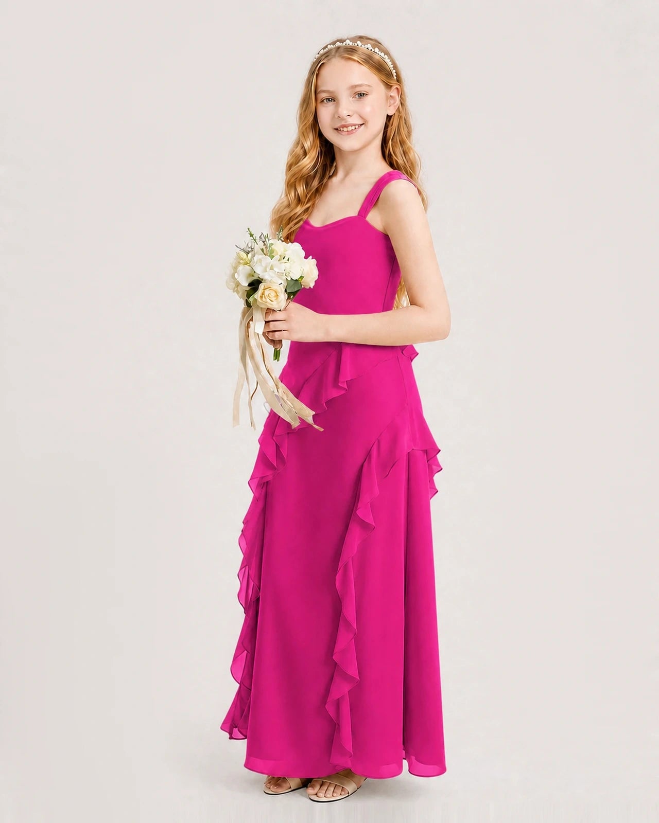 Dideyttawl Chiffon Junior Bridesmaid Dress with Cascading Ruffles