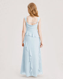 Baby Blue Junior Bridesmaid Dress Cowl Neck Ruffled Chiffon Maxi Back View