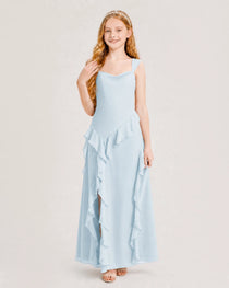 Baby Blue Junior Bridesmaid Dress Cowl Neck Ruffled Chiffon Maxi Gown Front View