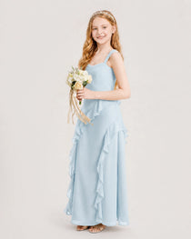 Baby Blue Junior Bridesmaid Dress Cowl Neck Ruffled Chiffon Maxi Side View