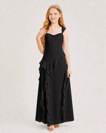 Black Junior Bridesmaid Dress Cowl Neck Ruffled Chiffon Maxi Front View