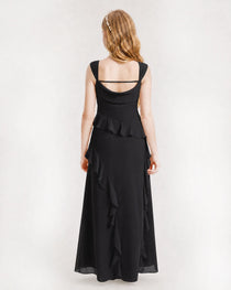 Black Junior Bridesmaid Dress Cowl Neck Ruffled Chiffon Maxi Back View