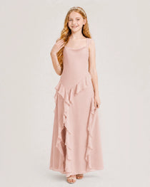 Blush Pink Junior Bridesmaid Dress Cowl Neck Ruffled Chiffon Maxi Front View