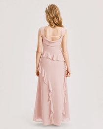 Blush Pink Junior Bridesmaid Dress Cowl Neck Ruffled Chiffon Maxi Back View
