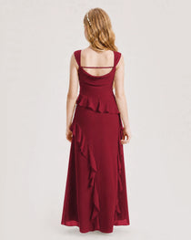 Burgundy Junior Bridesmaid Dress Cowl Neck Ruffled Chiffon Maxi Back View