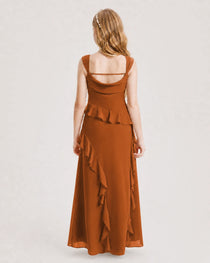 Burnt Orange Junior Bridesmaid Dress Cowl Neck Ruffled Chiffon Maxi Back View
