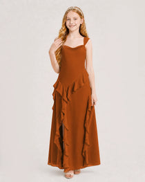 Burnt Orange Junior Bridesmaid Dress Cowl Neck Ruffled Chiffon Maxi Front View