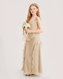 Champagne Junior Bridesmaid Dress Cowl Neck Ruffled Chiffon Maxi Side View