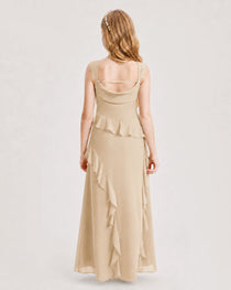 Champagne Junior Bridesmaid Dress Cowl Neck Ruffled Chiffon Maxi Back View