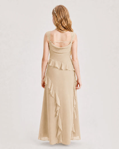 Champagne Junior Bridesmaid Dress Cowl Neck Ruffled Chiffon Maxi Back View