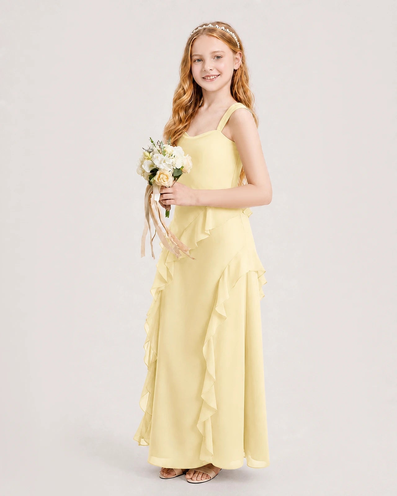 Daffodil Junior Bridesmaid Dress Cowl Neck Ruffled Chiffon Maxi Side View