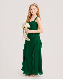 Dark Green Junior Bridesmaid Dress Cowl Neck Ruffled Chiffon Maxi Side View