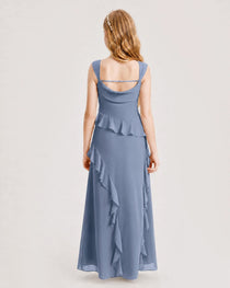 Dusty Blue Junior Bridesmaid Dress Cowl Neck Ruffled Chiffon Maxi Back View