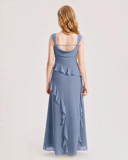Dusty Blue Junior Bridesmaid Dress Cowl Neck Ruffled Chiffon Maxi Back View