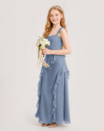 Dusty Blue Junior Bridesmaid Dress Cowl Neck Ruffled Chiffon Maxi Side View