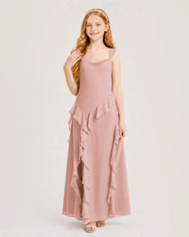 Dusty Rose Junior Bridesmaid Dress Cowl Neck Ruffled Chiffon Maxi Front View