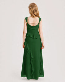 Emerald Green Junior Bridesmaid Dress Cowl Neck Ruffled Chiffon Maxi Back View