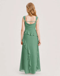 Eucalyptus Junior Bridesmaid Dress Cowl Neck Ruffled Chiffon Maxi Back View