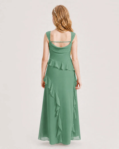 Eucalyptus Junior Bridesmaid Dress Cowl Neck Ruffled Chiffon Maxi Back View