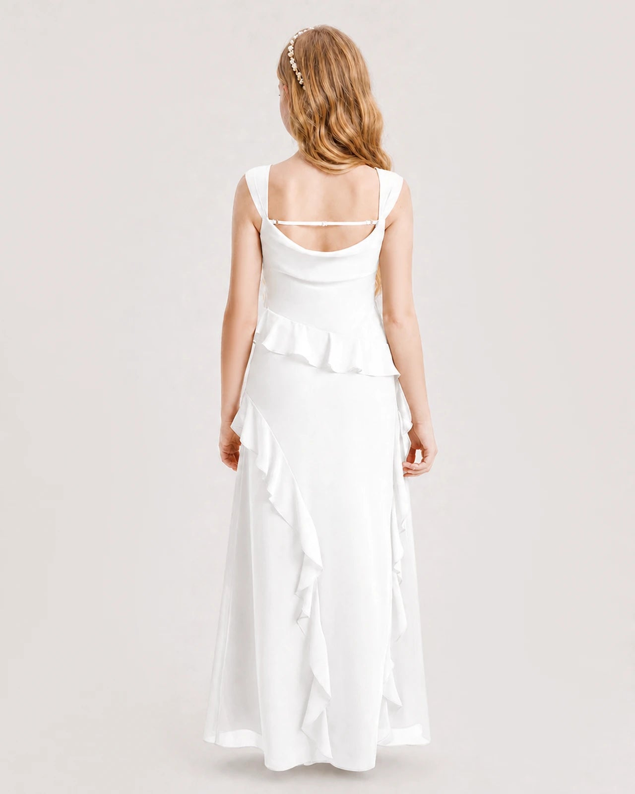 Ivory Junior Bridesmaid Dress Cowl Neck Ruffled Chiffon Maxi Back View