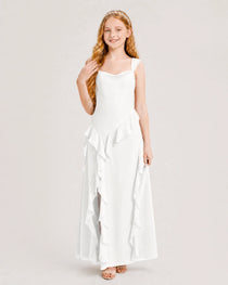 Ivory Junior Bridesmaid Dress Cowl Neck Ruffled Chiffon Maxi Front View