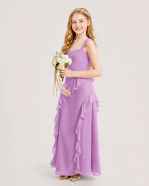 Lilac Junior Bridesmaid Dress Cowl Neck Ruffled Chiffon Maxi Side View