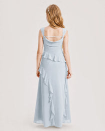 Mist Junior Bridesmaid Dress Cowl Neck Ruffled Chiffon Maxi Back View