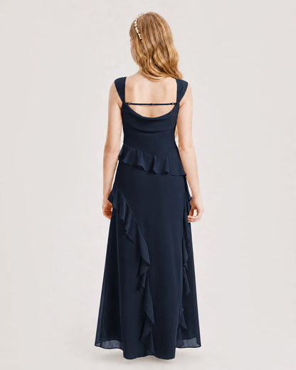 Navy Blue Junior Bridesmaid Dress Cowl Neck Ruffled Chiffon Maxi Back View