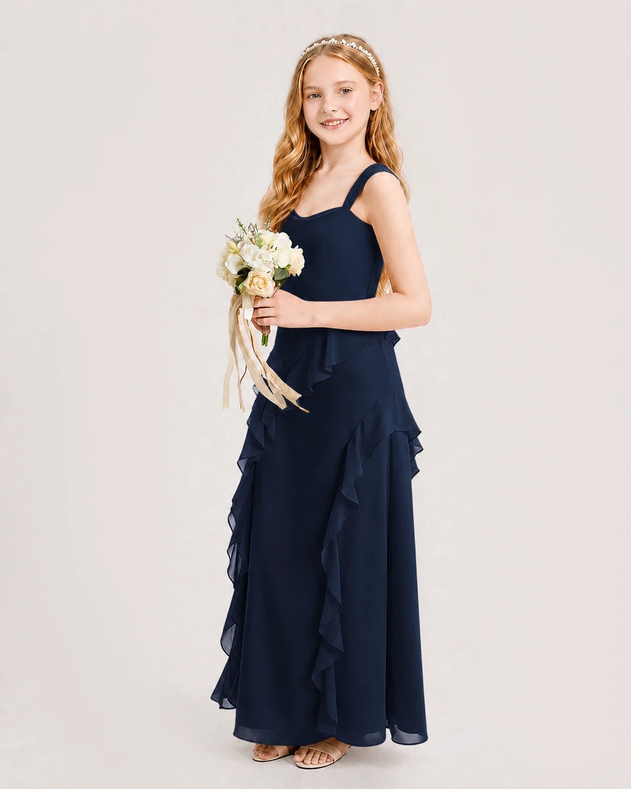 Navy Blue Junior Bridesmaid Dress Cowl Neck Ruffled Chiffon Maxi Side View