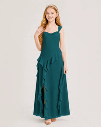 Peacock Junior Bridesmaid Dress Cowl Neck Ruffled Chiffon Maxi Front View