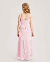 Pink Junior Bridesmaid Dress Cowl Neck Ruffled Chiffon Maxi Back View
