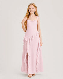 Pink Junior Bridesmaid Dress Cowl Neck Ruffled Chiffon Maxi Front View
