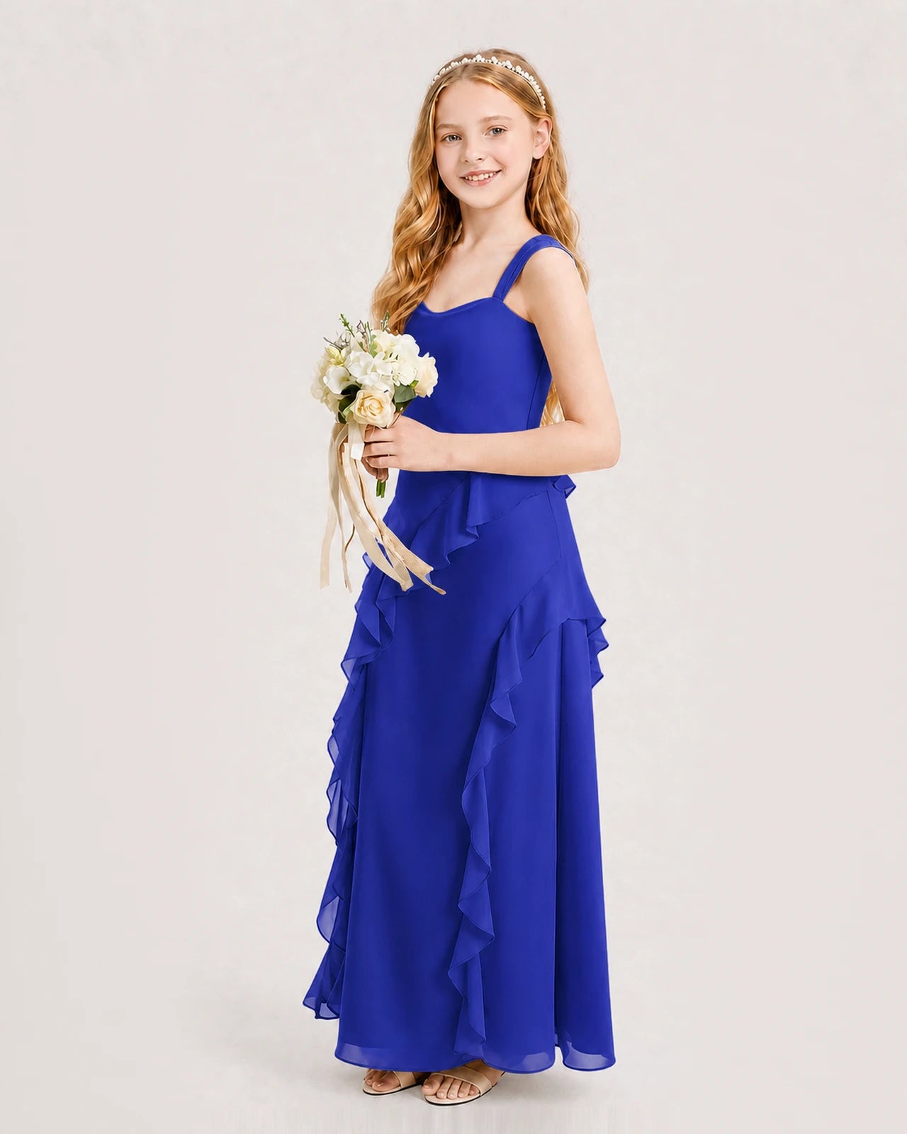 Royal Blue Junior Bridesmaid Dress Cowl Neck Ruffled Chiffon Maxi Side View